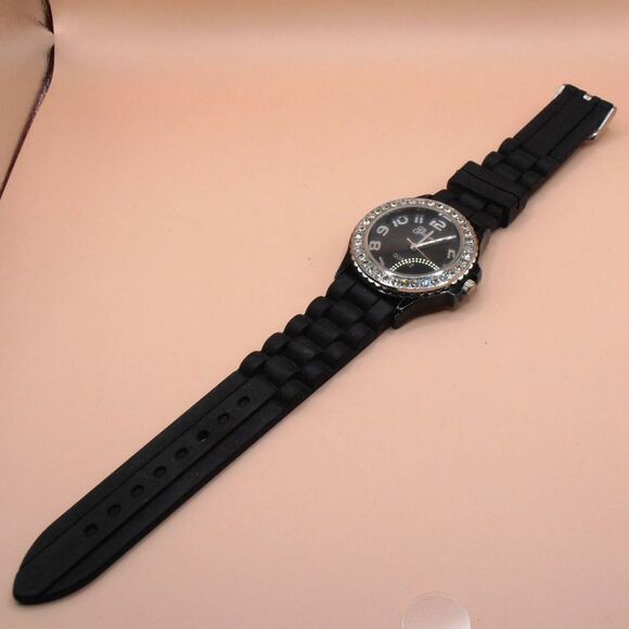 Geneva Analog Wristwatch Silver Tone w/ Rhinestones Black Rubber Buckle Band - Picture 2 of 4